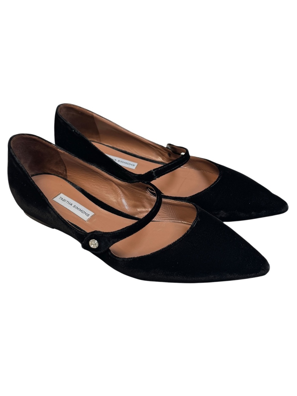 Tabitha Simmons Black Velvet Pointed Mary Jane Flats Rhinestones 38 Women’s 8